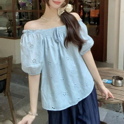 Puff-Sleeve Off-Shoulder Eyelet Blouse with Frill Trim