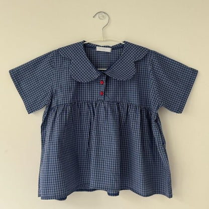 Peter Pan Collar Plaid Blouse with Short Sleeves