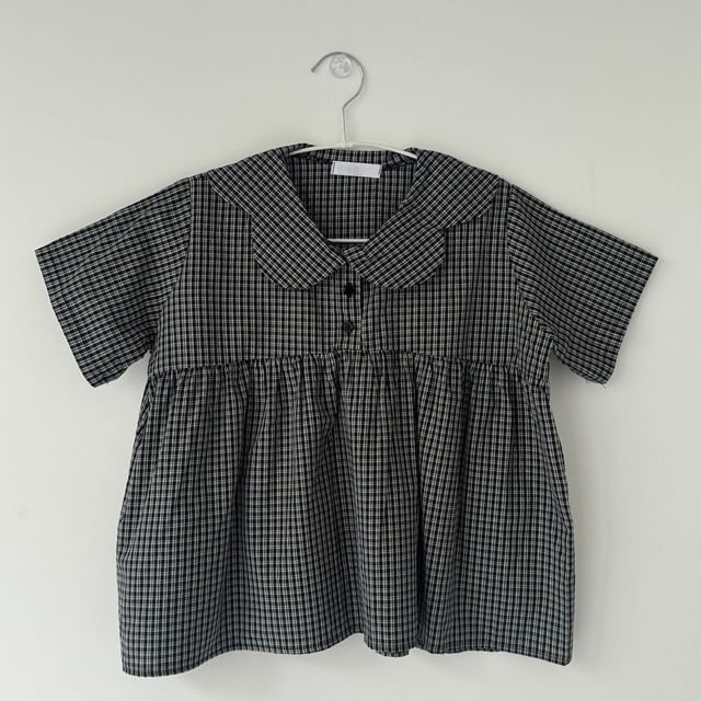 Peter Pan Collar Plaid Blouse with Short Sleeves