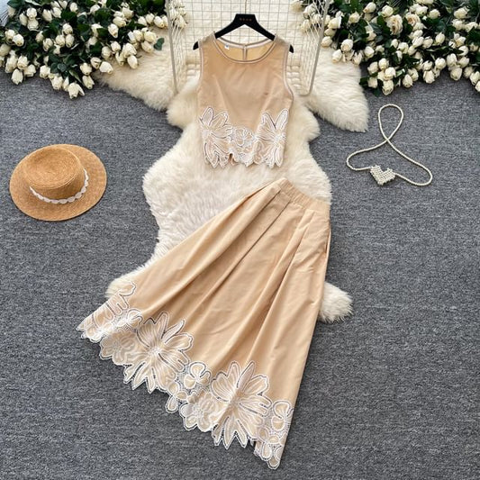 Set: Sleeveless Flower Embroidered Blouse & High Waist Midi A-Line Skirt