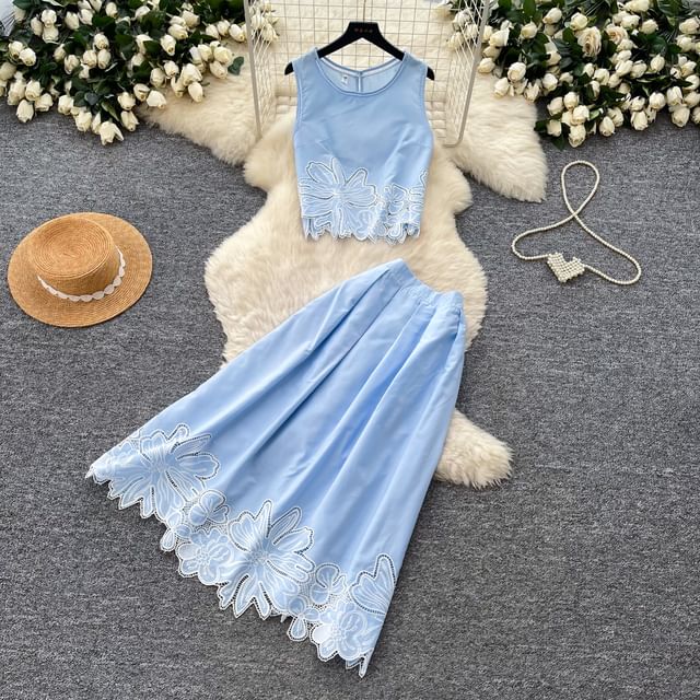 Set: Sleeveless Flower Embroidered Blouse & High Waist Midi A-Line Skirt