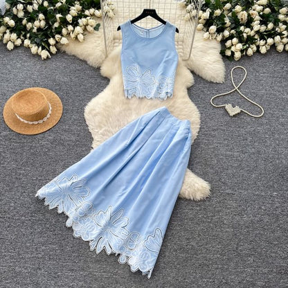 Set: Sleeveless Flower Embroidered Blouse & High Waist Midi A-Line Skirt