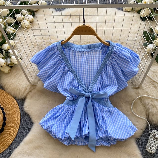 Short-Sleeve V-Neck Gingham Bow Peplum Blouse