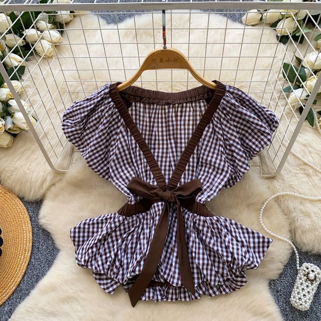 Short-Sleeve V-Neck Gingham Bow Peplum Blouse