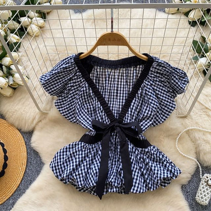 Short-Sleeve V-Neck Gingham Bow Peplum Blouse