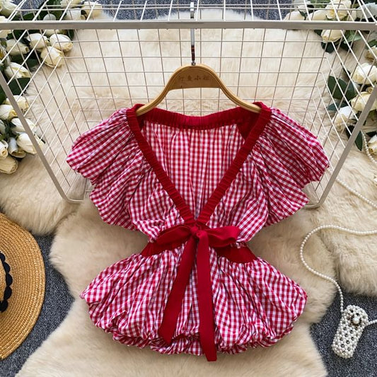 Short-Sleeve V-Neck Gingham Bow Peplum Blouse