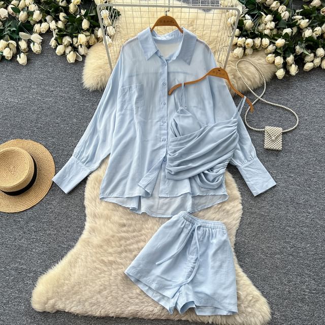 Set: Long-Sleeve Pocket Front Shirt + Ruched Asymmetrical Camisole + Drawstring Shorts