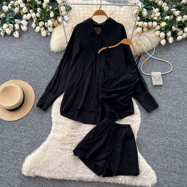 Set: Long-Sleeve Pocket Front Shirt + Ruched Asymmetrical Camisole + Drawstring Shorts