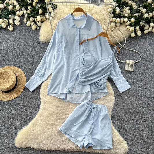 Set: Long-Sleeve Pocket Front Shirt + Ruched Asymmetrical Camisole + Drawstring Shorts