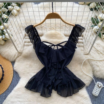 Sleeveless V-Neck Plain Ruffle Blouse