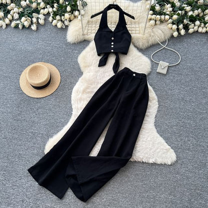 Set: Collar Cropped Halter Top & High Waist Wide Leg Pants