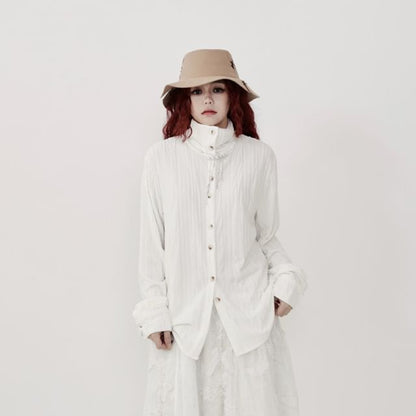 Long-Sleeve Stand Collar Ribbed Shirt
