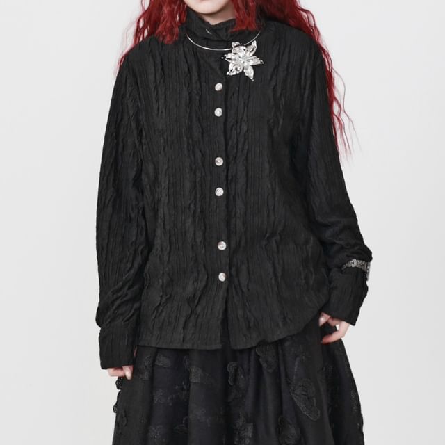 Long-Sleeve Stand Collar Ribbed Shirt
