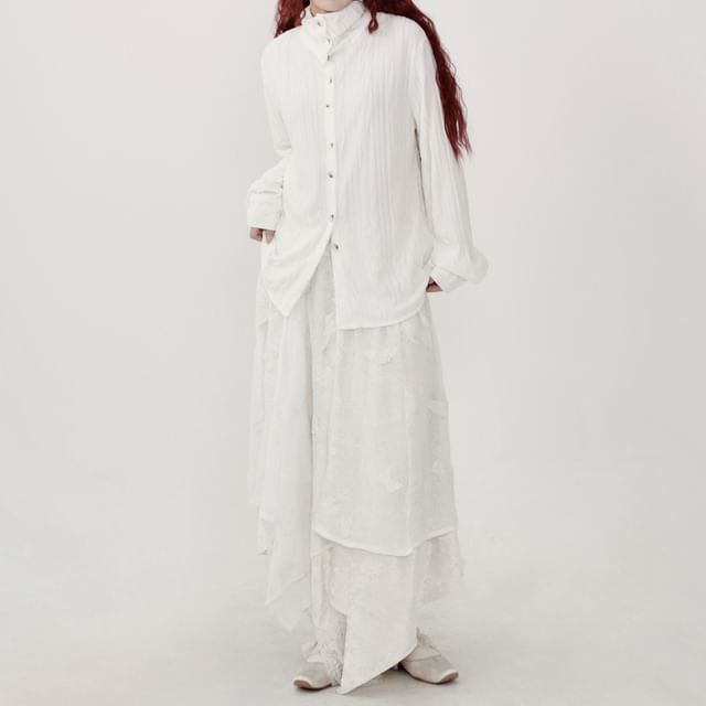 Long-Sleeve Stand Collar Ribbed Shirt