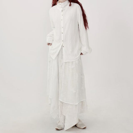 Long-Sleeve Stand Collar Ribbed Shirt
