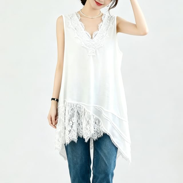 V-Neck Asymmetric Panel Lace Tunic - Sleeveless Solid