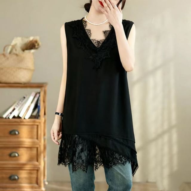 Sleeveless V-Neck Plain Asymmetrical Panel Lace Tunic