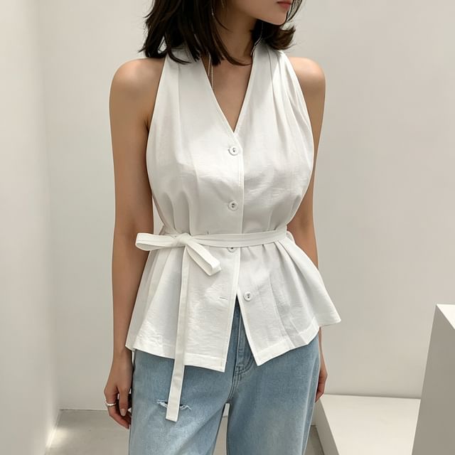 Halter-Neck Button-Up Plain Top