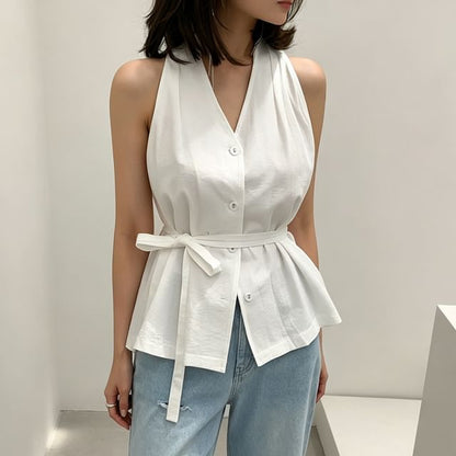 Halter-Neck Button-Up Plain Top
