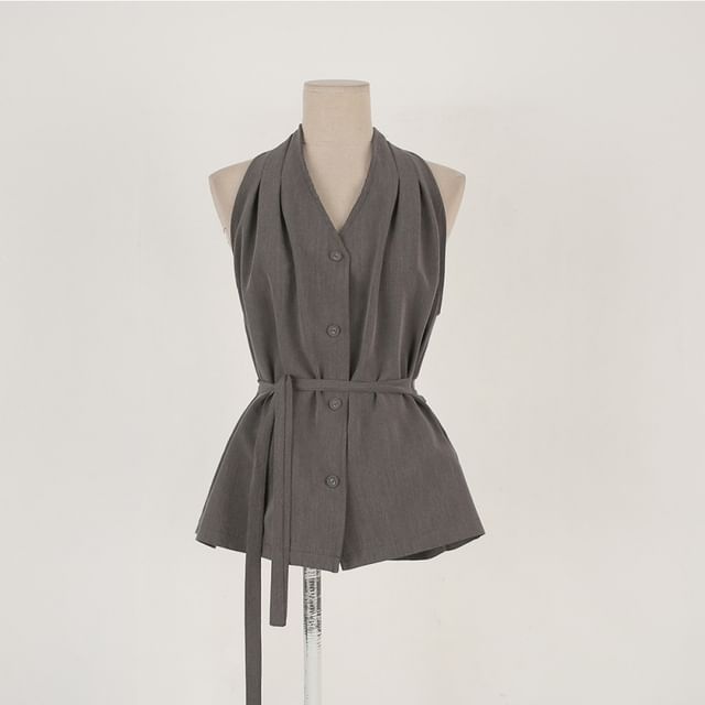 Halter-Neck Button-Up Plain Top