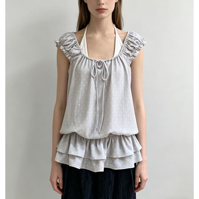 Set: Cap Sleeve Scoop Neck Ruffled-Trim Dotted Slim-Fit Top + Halter Neck  Plain Tank Top