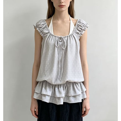 Cap Sleeve Scoop Neck Ruffled Trim Top with Halter Neck Tank Set