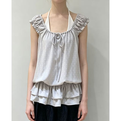 Cap Sleeve Scoop Neck Ruffled Trim Top with Halter Neck Tank Set