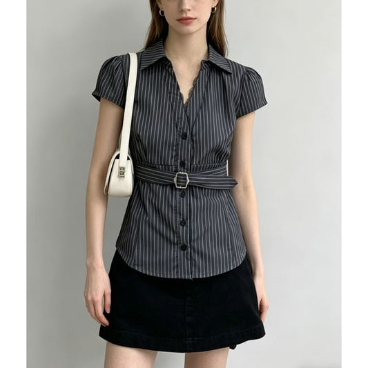 V-Neck Striped Tie-Waist Short Sleeve Shirt with Lace Trim - Slim Fit