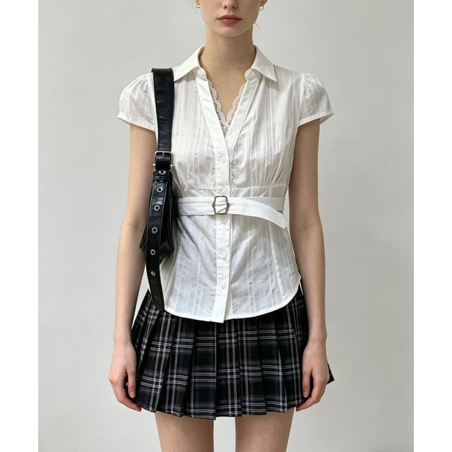 V-Neck Striped Tie-Waist Short Sleeve Shirt with Lace Trim - Slim Fit