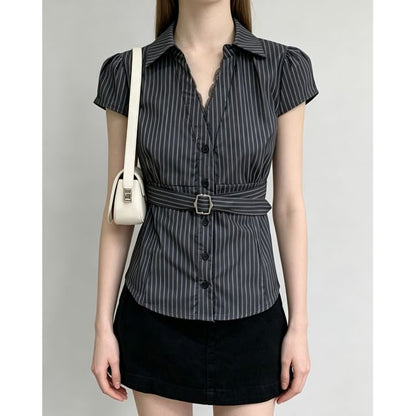 V-Neck Striped Tie-Waist Short Sleeve Shirt with Lace Trim - Slim Fit