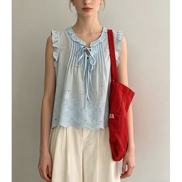 Scoop Neck Ruffled-Trim Tie-Front Eyelet Loose-Fit Tank Top