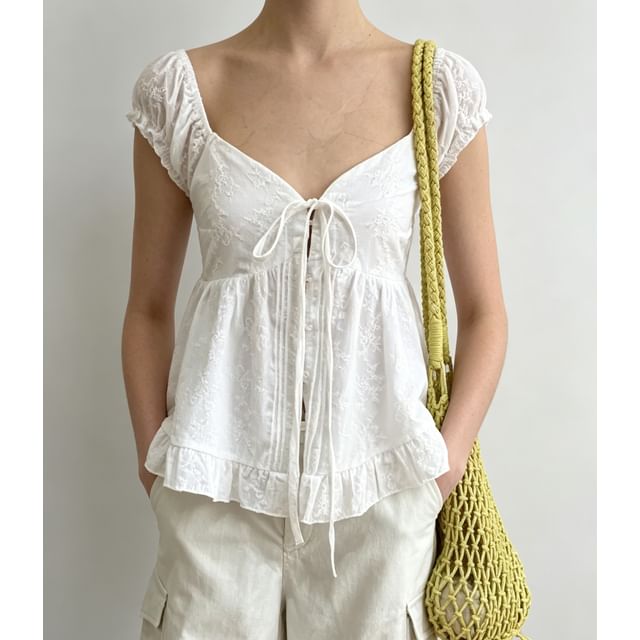 Puff Sleeve Sweetheart Neckline Plain Tie-Front Ruffled Hem Blouse