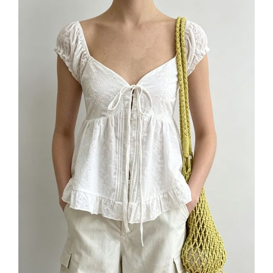 Puff Sleeve Sweetheart Neckline Blouse with Tie-Front Ruffled Hem