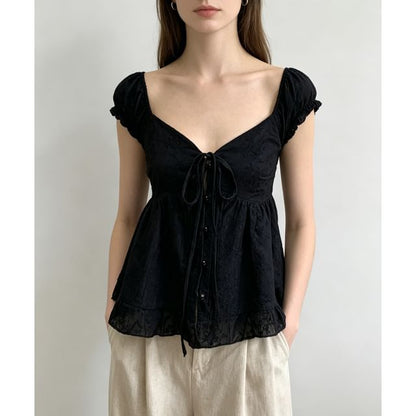 Puff Sleeve Sweetheart Neckline Blouse with Tie-Front Ruffled Hem