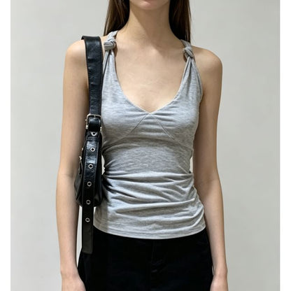 V-Neck Knotted Strap Plain Slim-Fit Tank Top