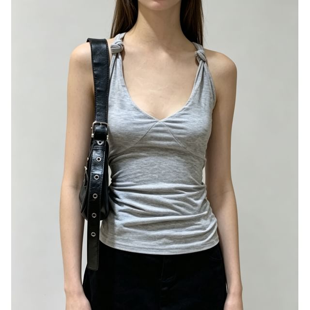 V-Neck Knotted Strap Slim-Fit Tank Top - Solid