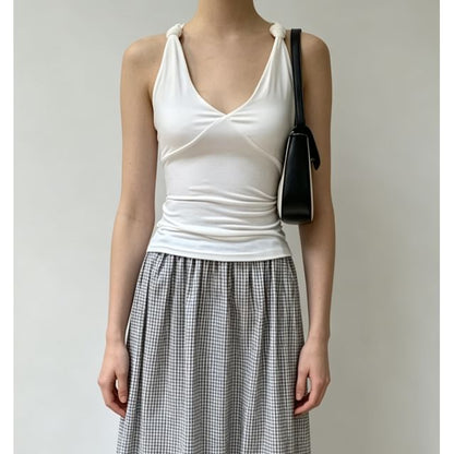 V-Neck Knotted Strap Plain Slim-Fit Tank Top