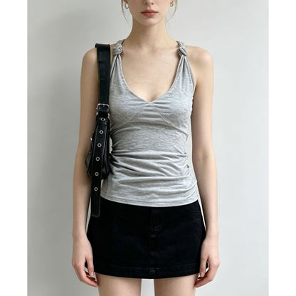 V-Neck Knotted Strap Plain Slim-Fit Tank Top