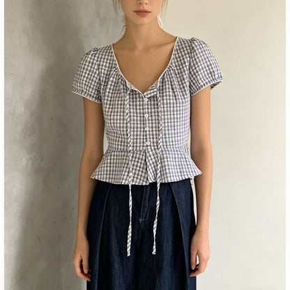 Puff Sleeve V-Neck Gingham Peplum Blouse - Solid