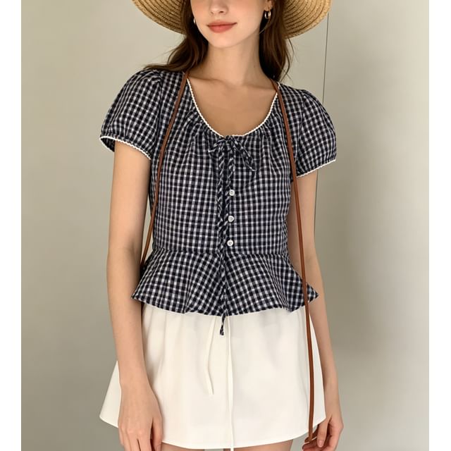 Puff Sleeve V-Neck Gingham Peplum Blouse - Solid