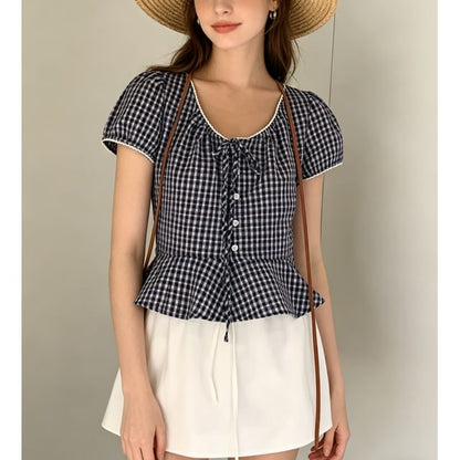 Puff Sleeve V-Neck Gingham Peplum Blouse - Solid