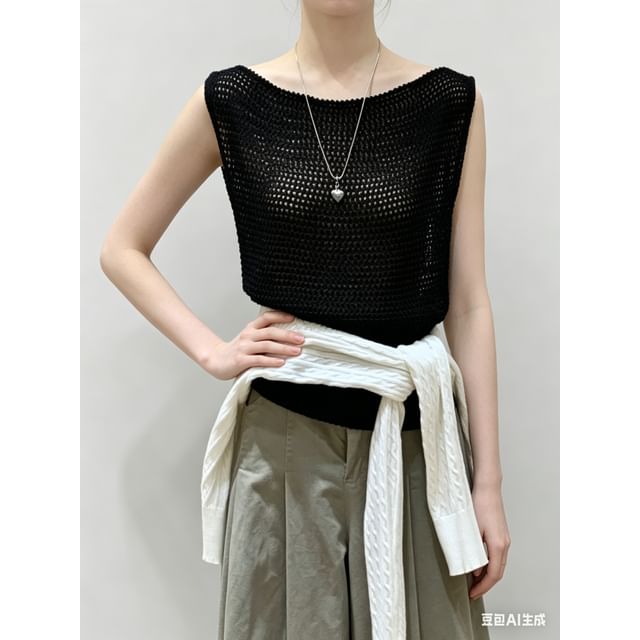 Boat Neck Plain Crochet Knit Tank Top