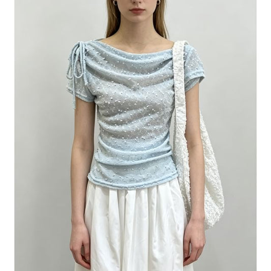 Short Sleeve Cowl Neck Drawstring Lace Slim-Fit Top