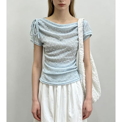 Cowl Neck Drawstring Lace Top - Short Sleeve Slim Fit