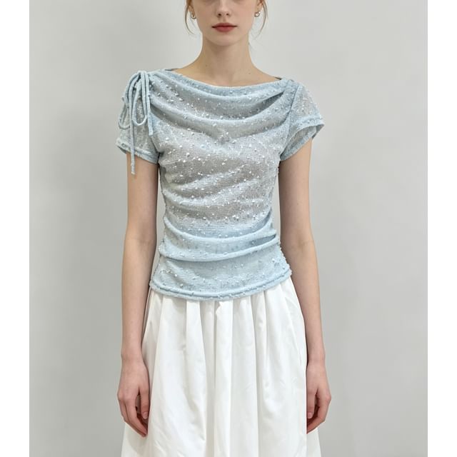 Cowl Neck Drawstring Lace Top - Short Sleeve Slim Fit