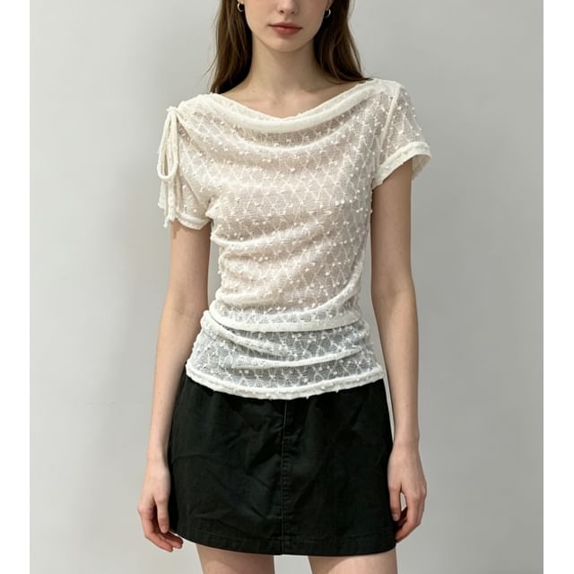 Cowl Neck Drawstring Lace Top - Short Sleeve Slim Fit