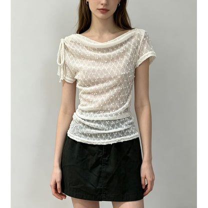 Cowl Neck Drawstring Lace Top - Short Sleeve Slim Fit