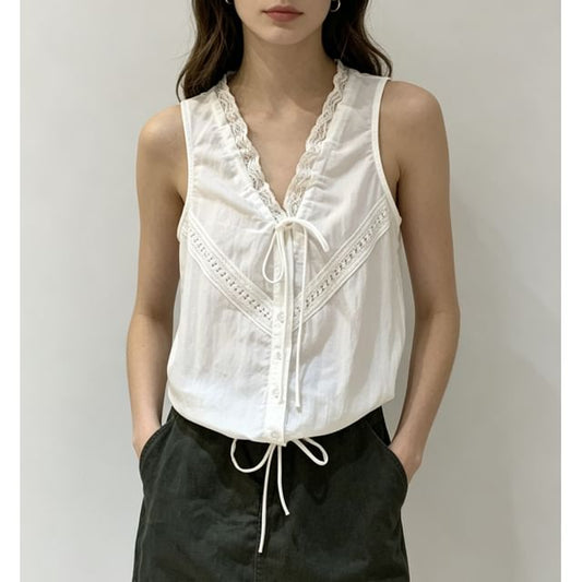 V-Neck Lace Trim Tie-Front Drawstring Tank Top - Solid