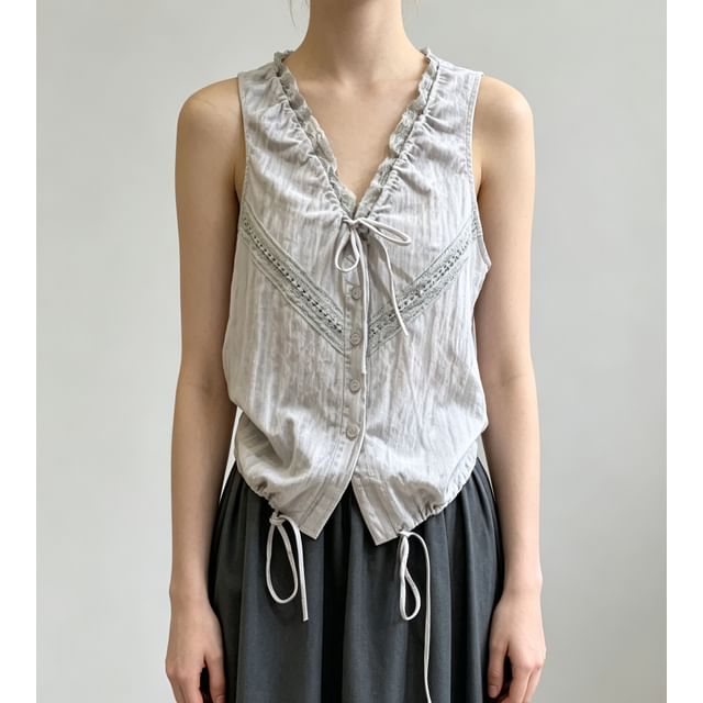 V-Neck Lace Trim Tie-Front Drawstring Tank Top - Solid