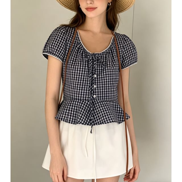 Puff Sleeve V-Neck Gingham Peplum Blouse